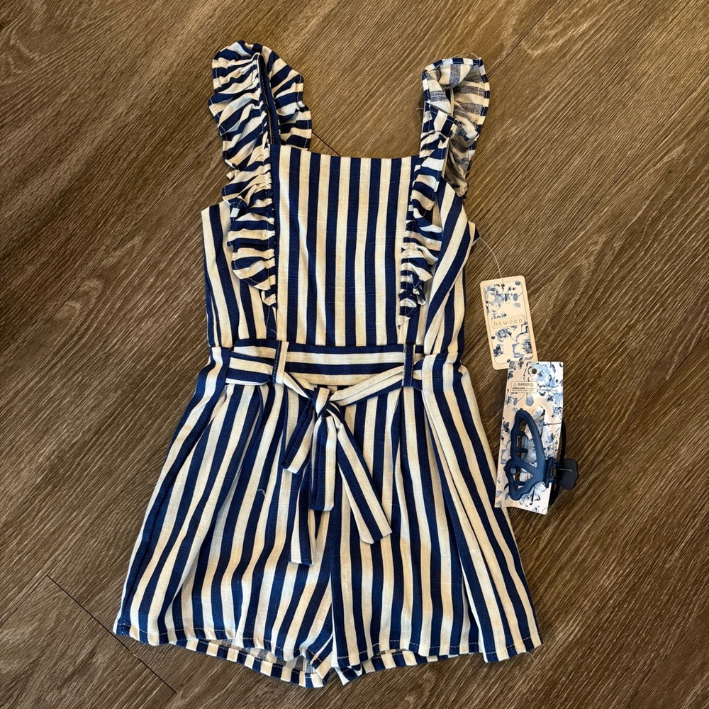 Girls Navy/White Striped Romper with Hair Clip Size 4